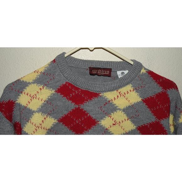 Nordstrom Men’s Large Crew Neck Sweater Gray Argyle 100% Wool Made Italy - Picture 2 of 3